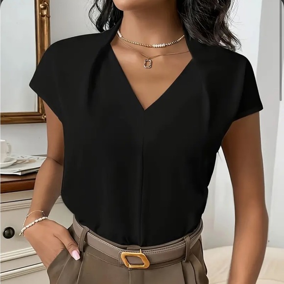 Shirred V Neck Solid V Neck Blouse, Elegant Short Sleeve Top - Black - Picture 3 of 11